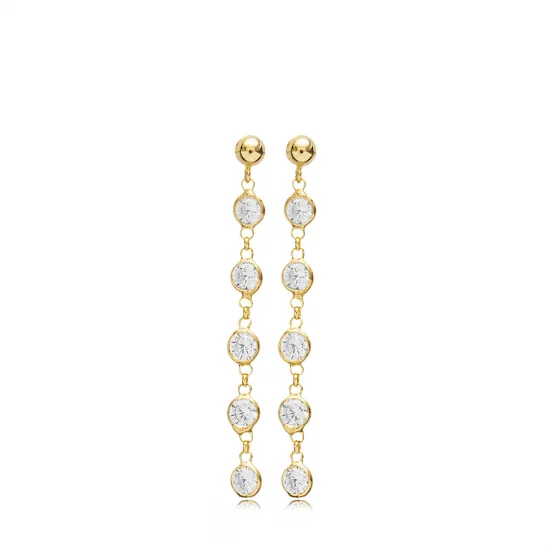 Dainty CZ Round Shape Stud Long Earrings