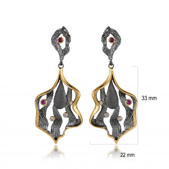 Artisan Oxidized Ruby Leaf 925 Vintage Earrings