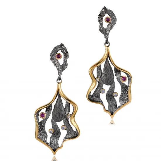Artisan Oxidized Ruby Leaf 925 Vintage Earrings