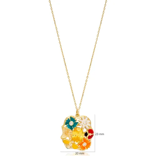 Multicolor Enamel Citrine Flower Butterfly Ladybug Silver Necklace