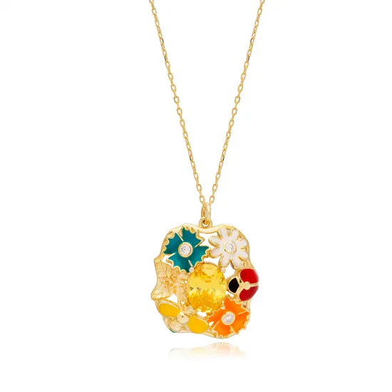 Multicolor Enamel Citrine Flower Butterfly Ladybug Silver Necklace Multicolor Enamel Citrine Flower Butterfly Ladybug Silver Necklace
