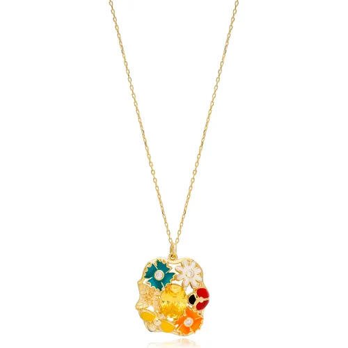 Multicolor Enamel Citrine Flower Butterfly Ladybug Silver Necklace