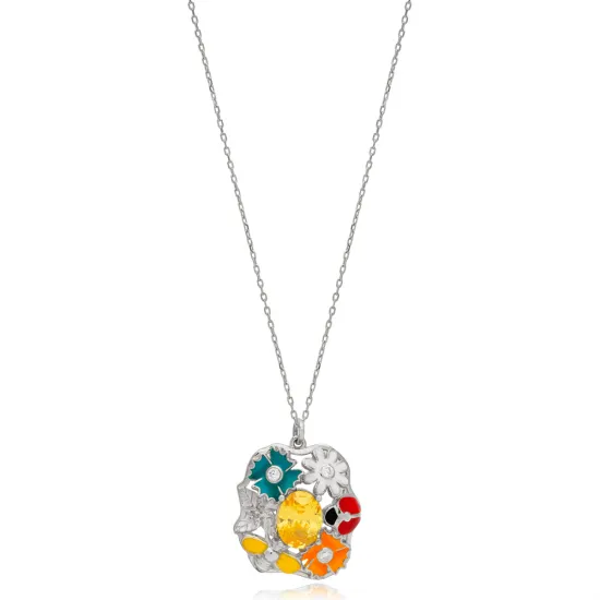 Multicolor Enamel Citrine Flower Butterfly Ladybug Silver Necklace Multicolor Enamel Citrine Flower Butterfly Ladybug Silver Necklace