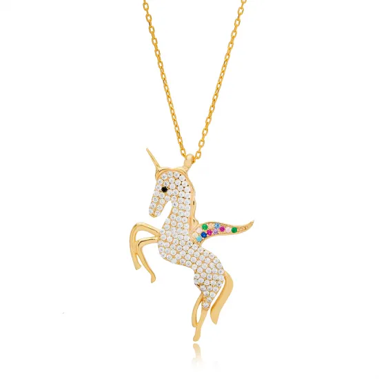 Turkish 925 Silver Unicorn Horse Clear CZ Charm Necklace Turkish 925 Silver Unicorn Horse Clear CZ Charm Necklace