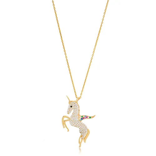 Turkish 925 Silver Unicorn Horse Clear CZ Charm Necklace