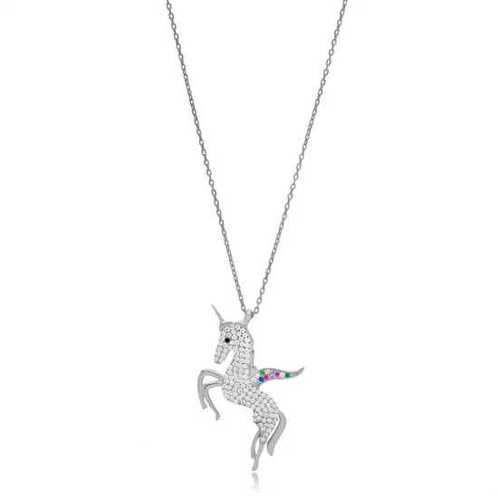 Turkish 925 Silver Unicorn Horse Clear CZ Charm Necklace Turkish 925 Silver Unicorn Horse Clear CZ Charm Necklace