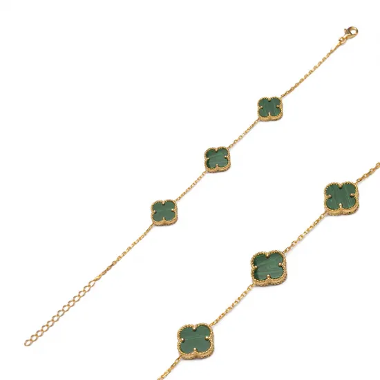 Three Motif Malachite Clover 925 Charm Bracelet Three Motif Malachite Clover 925 Charm Bracelet
