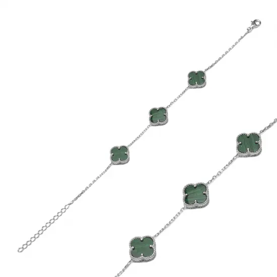 Three Motif Malachite Clover 925 Charm Bracelet Three Motif Malachite Clover 925 Charm Bracelet