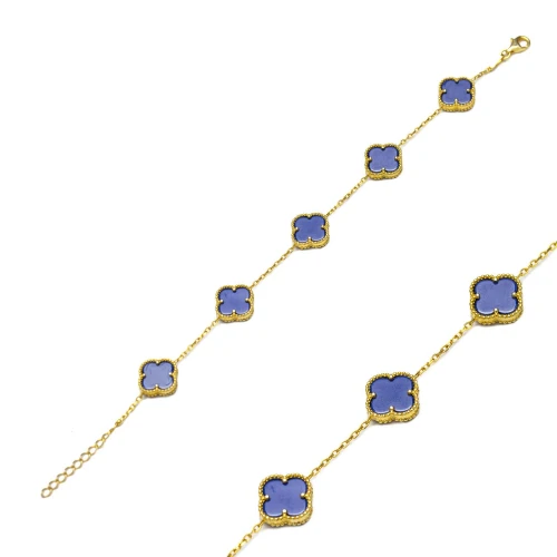 Five Motif Clover Lapis Lazuli Sterling Silver Bracelet