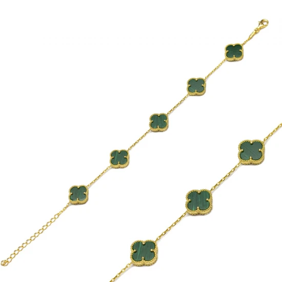 Five Motif Malachite Clover Sterling Silver Bracelet - Sade 925 Silver Jewelry
