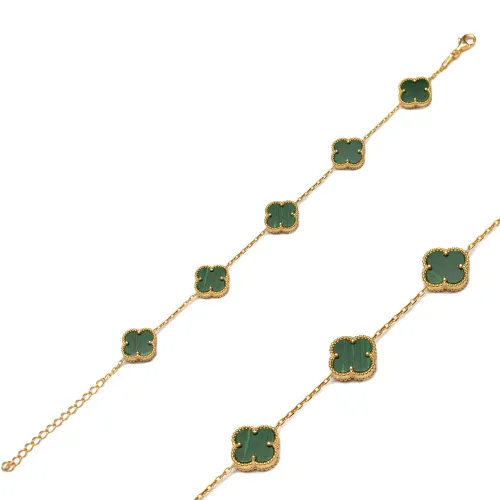 Five Motif Malachite Clover 925 Charm Bracelet Five Motif Malachite Clover 925 Charm Bracelet