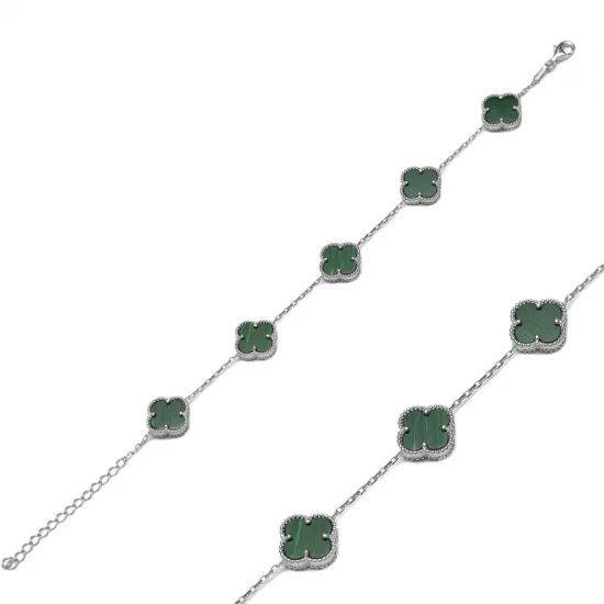 Five Motif Malachite Clover 925 Charm Bracelet Five Motif Malachite Clover 925 Charm Bracelet