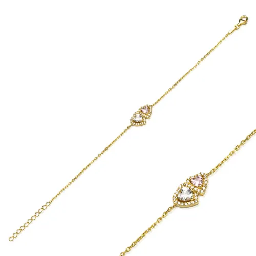 Twin Heart Pink And White CZ Charm Bracelet