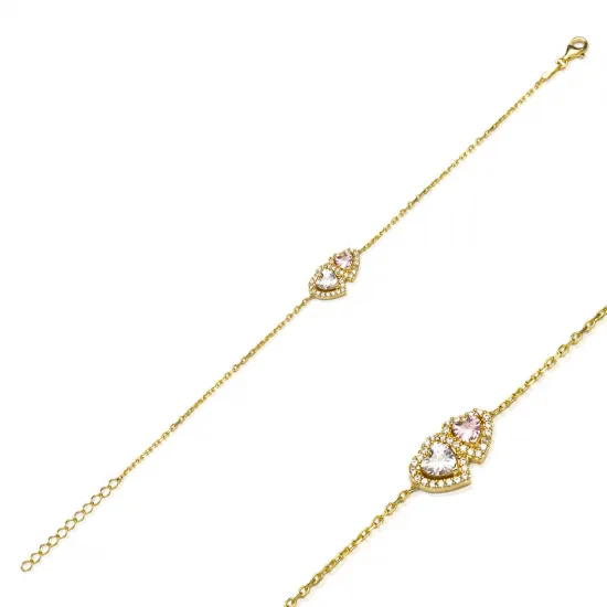 Twin Heart Pink And White CZ Charm Bracelet Twin Heart Pink And White CZ Charm Bracelet