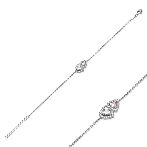 Twin Heart Pink And White CZ Charm Bracelet Twin Heart Pink And White CZ Charm Bracelet