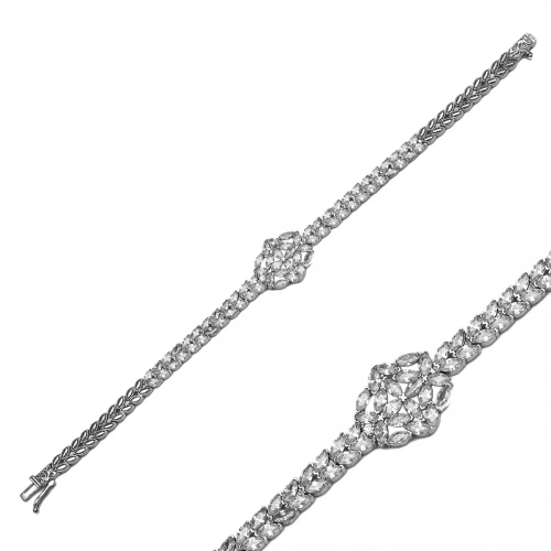 Marquise Cut Floral Medallion Tennis Silver Bracelet