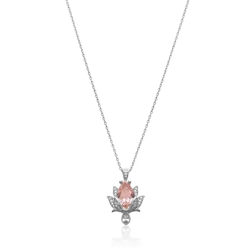 CZ Pink Stone Lotus 925 Charm Necklace