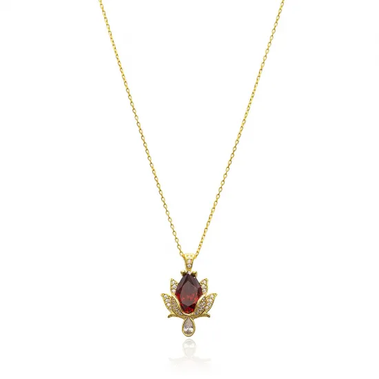 CZ Garnet Stone Lotus 925 Charm Necklace