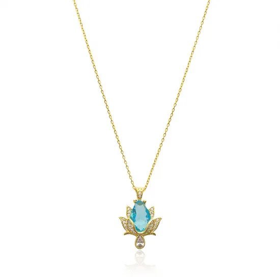CZ Aquamarine Stone Lotus 925 Charm Necklace CZ Aquamarine Stone Lotus 925 Charm Necklace