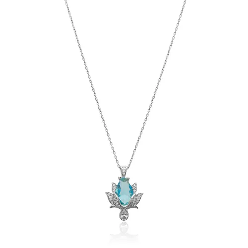 CZ Aquamarine Stone Lotus 925 Charm Necklace