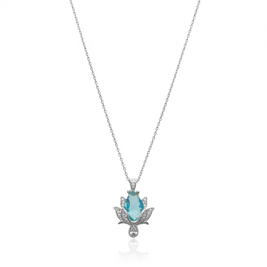 CZ Aquamarine Stone Lotus 925 Charm Necklace CZ Aquamarine Stone Lotus 925 Charm Necklace
