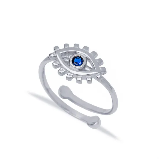 Trendy Dainty Sapphire Stone Evil Eye Shape Wholesale Turkish 925 Silver Sterling Adjustable Ring | 925 Sterling Silver Wholesale | Sade Silver Trendy Dainty Sapphire Stone Evil Eye Shape Wholesale Turkish 925 Silver Sterling Adjustable Ring - Sade 925 Silver Jewelry