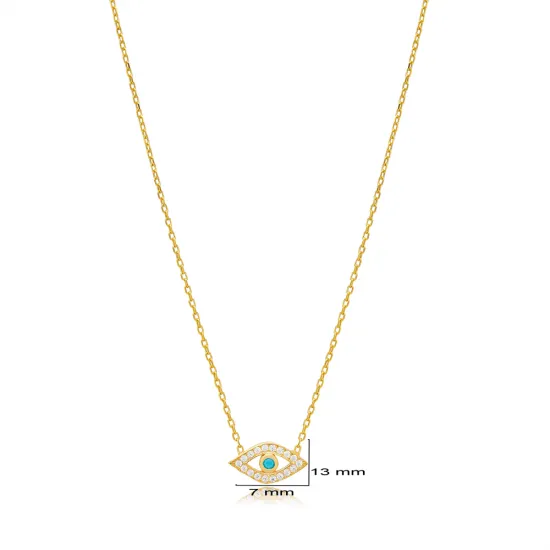 Minimalist Evil Eye Design Turquoise with Zircon Stone Charm Necklace Turkish Handmade Wholesale 925 Sterling Silver Jewelry - Sade 925 Silver Jewelry