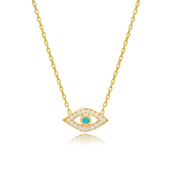 Minimalist Evil Eye Design Turquoise with Zircon Stone Charm Necklace Turkish Handmade Wholesale 925 Sterling Silver Jewelry - Sade 925 Silver Jewelry