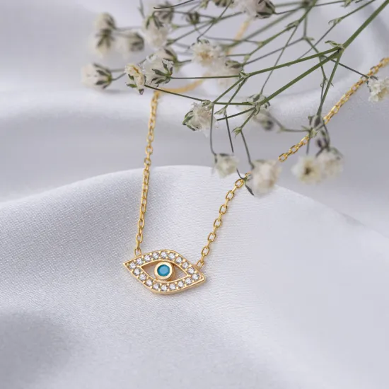 Minimalist Evil Eye Design Turquoise with Zircon Stone Charm Necklace Turkish Handmade Wholesale 925 Sterling Silver Jewelry - Sade 925 Silver Jewelry