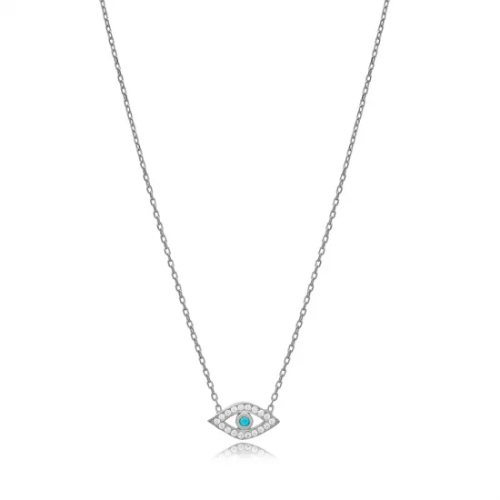 Minimalist Evil Eye Design Turquoise with Zircon Stone Charm Necklace Turkish Handmade Wholesale 925 Sterling Silver Jewelry - Sade 925 Silver Jewelry