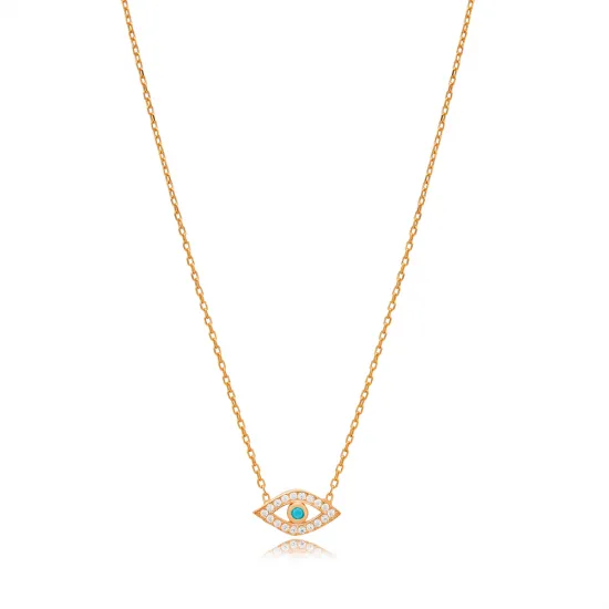 Minimalist Evil Eye Design Turquoise with Zircon Stone Charm Necklace Turkish Handmade Wholesale 925 Sterling Silver Jewelry - Sade 925 Silver Jewelry