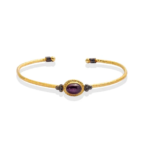 Amethyst Stone Oval 22K Gold Plated 925 Silver Vintage Bangle