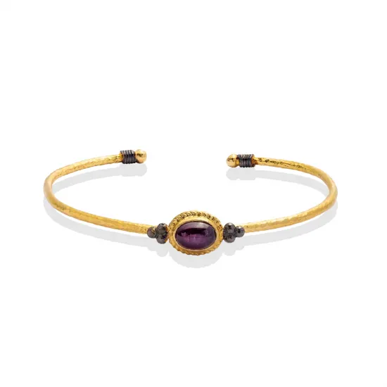 Amethyst Stone Oval 22K Gold Plated 925 Silver Vintage Bangle | 925 Sterling Silver Wholesale | Sade Silver Amethyst Stone Oval 22K Gold Plated 925 Silver Vintage Bangle - Sade 925 Silver Jewelry