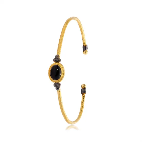 Onyx Stone Oval 22K Gold Plated 925 Silver Vintage Bangle - Sade 925 Silver Jewelry