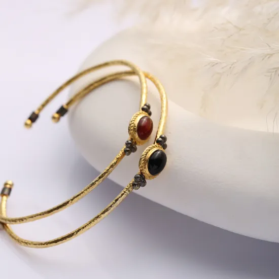 Onyx Stone Oval 22K Gold Plated 925 Silver Vintage Bangle - Sade 925 Silver Jewelry