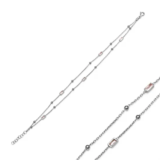 925 Silver Pink Baguette Double Bracelet | 925 Sterling Silver Wholesale | Sade Silver 925 Silver Pink Baguette Double Bracelet - Sade 925 Silver Jewelry