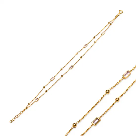 925 Silver Pink Baguette Double Bracelet | 925 Sterling Silver Wholesale | Sade Silver 925 Silver Pink Baguette Double Bracelet - Sade 925 Silver Jewelry