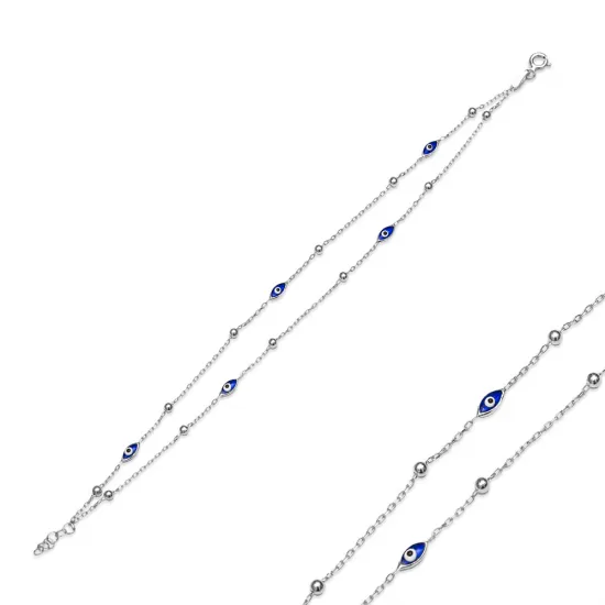 Blue Oval Evil Eye Double Chain 925 Bracelet | 925 Sterling Silver Wholesale | Sade Silver Blue Oval Evil Eye Double Chain 925 Bracelet - Sade 925 Silver Jewelry