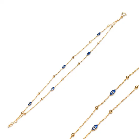 Blue Oval Evil Eye Double Chain 925 Bracelet | 925 Sterling Silver Wholesale | Sade Silver Blue Oval Evil Eye Double Chain 925 Bracelet - Sade 925 Silver Jewelry