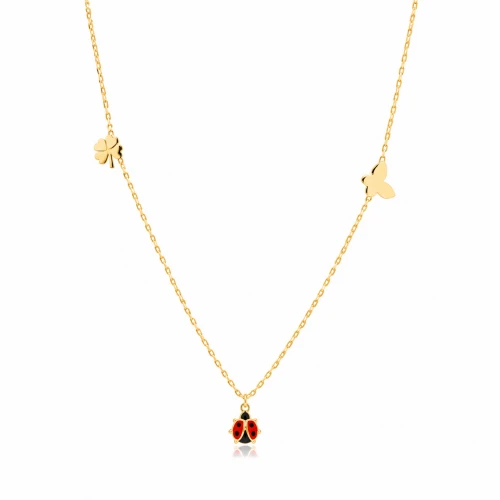Ladybug With Plain Clover And Butterfly Silver Necklace Ladybug With Plain Clover And Butterfly Silver Necklace