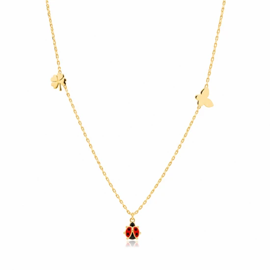 Ladybug With Plain Clover And Butterfly Silver Necklace | 925 Sterling Silver Wholesale | Sade Silver Ladybug With Plain Clover And Butterfly Silver Necklace - Sade 925 Silver Jewelry