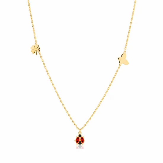 Ladybug with Plain Clover and Butterfly Silver Necklace | 925 Sterling Silver Wholesale | Sade Silver Ladybug with Plain Clover and Butterfly Silver Necklace - Sade 925 Silver Jewelry