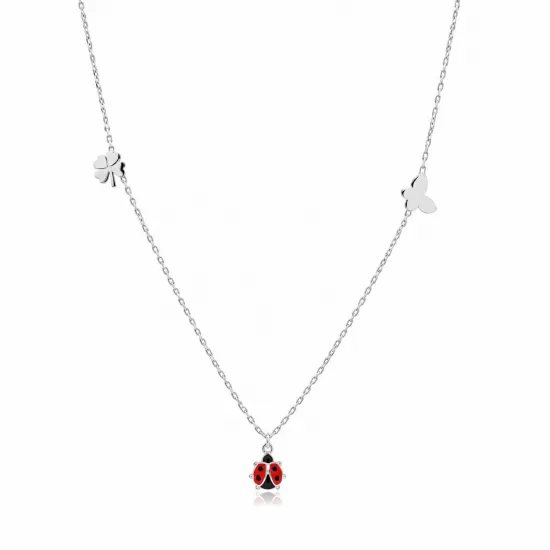 Ladybug with Plain Clover and Butterfly Silver Necklace | 925 Sterling Silver Wholesale | Sade Silver Ladybug with Plain Clover and Butterfly Silver Necklace - Sade 925 Silver Jewelry