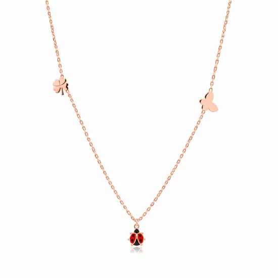 Ladybug with Plain Clover and Butterfly Silver Necklace | 925 Sterling Silver Wholesale | Sade Silver Ladybug with Plain Clover and Butterfly Silver Necklace - Sade 925 Silver Jewelry