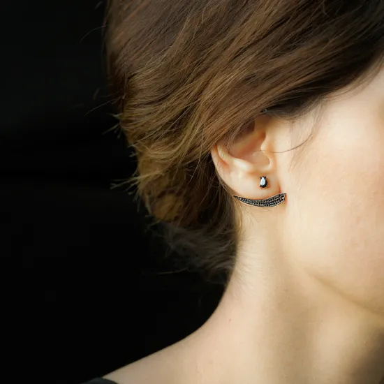 Made in Turkey Black Crescent CZ 925 Silver Ear Jackets Made in Turkey Black Crescent CZ 925 Silver Ear Jackets