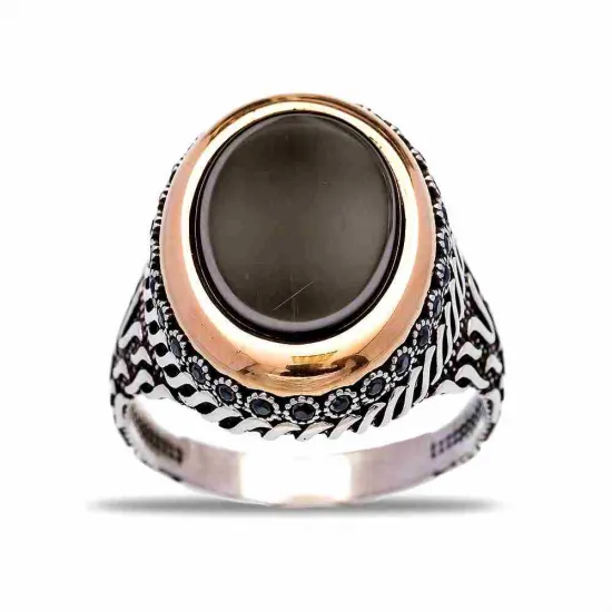 Turkish Black Oval Floral Scroll Men 925 Silver Ring | 925 Sterling Silver Wholesale | Sade Silver Turkish Black Oval Floral Scroll Men 925 Silver Ring - Sade 925 Silver Jewelry