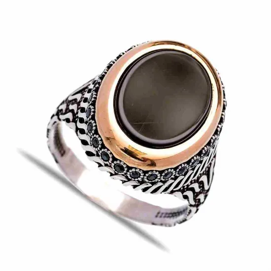 Turkish Black Oval Floral Scroll Men 925 Silver Ring | 925 Sterling Silver Wholesale | Sade Silver Turkish Black Oval Floral Scroll Men 925 Silver Ring - Sade 925 Silver Jewelry