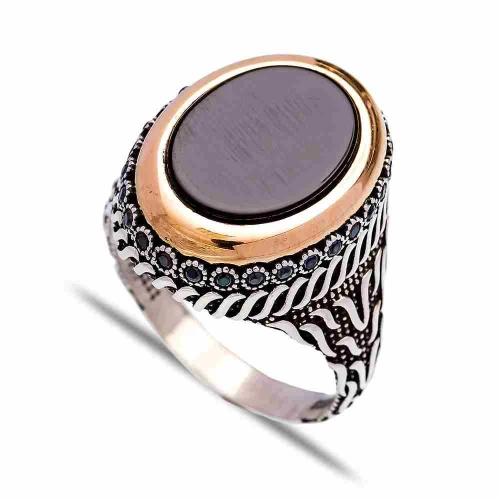 Turkish Black Oval Floral Scroll Men 925 Silver Ring