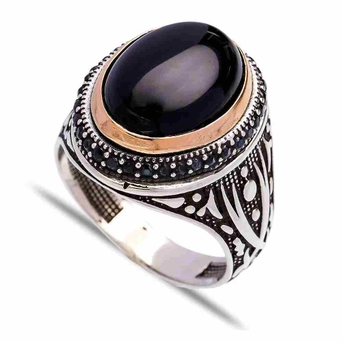 Turkish Black Oval Leaf Engraved Men 925 Silver Ring