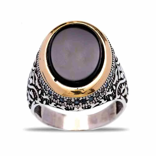Turkish Black Oval Wave Scroll Men Sterling Silver Ring Turkish Black Oval Wave Scroll Men Sterling Silver Ring